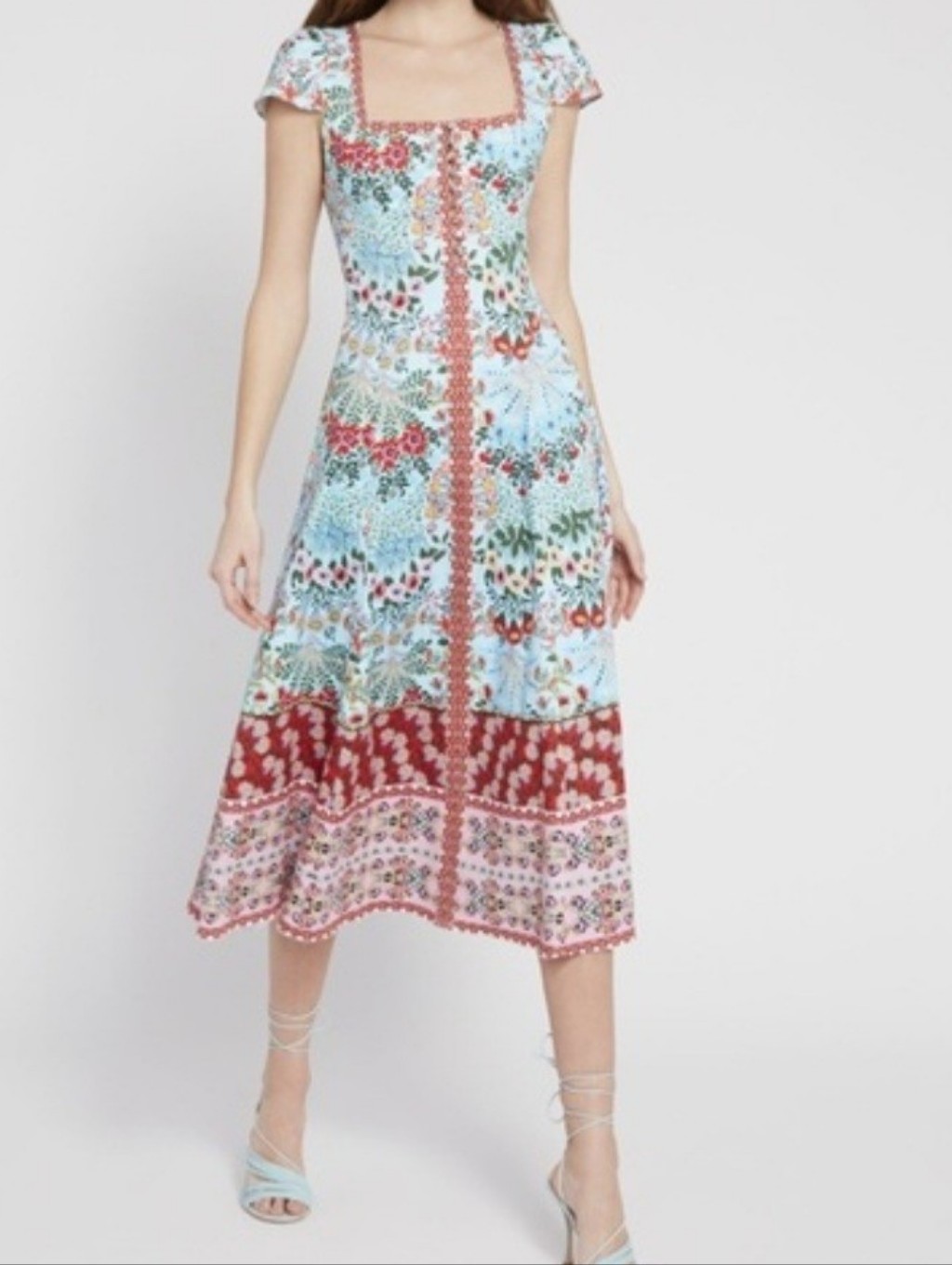 Alice + Olivia Estrella Floral Powder Blue Midi Dress Square Neckline Cap Sleeve